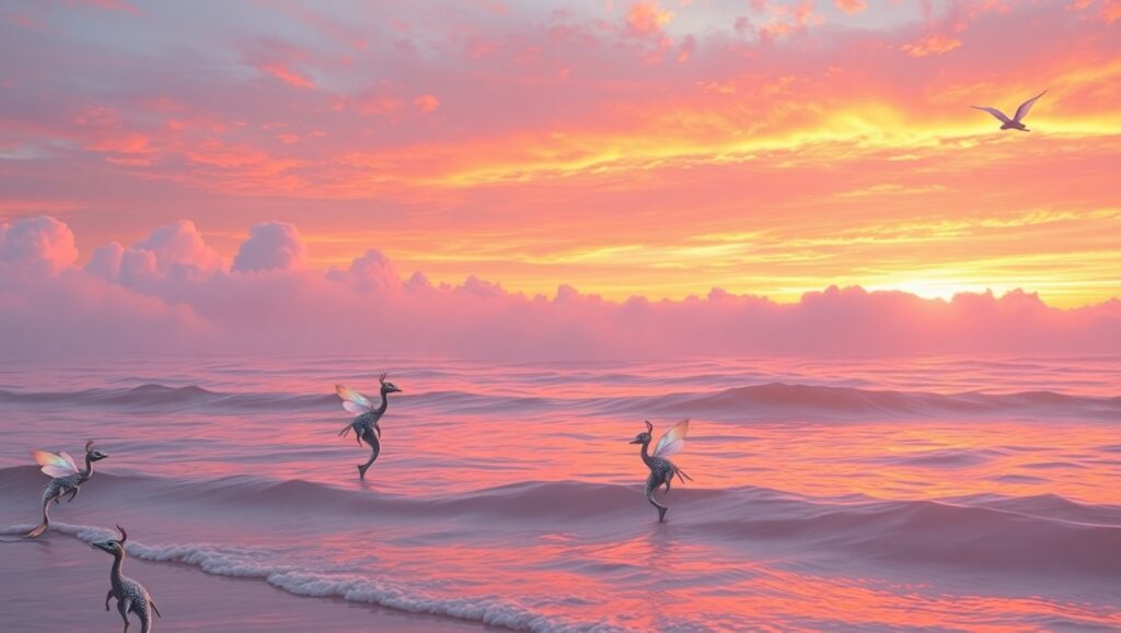 Whimsical Sunset Over Dreamy Waves – free AI stock image