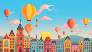 Whimsical Sunset Skyline – free AI stock image
