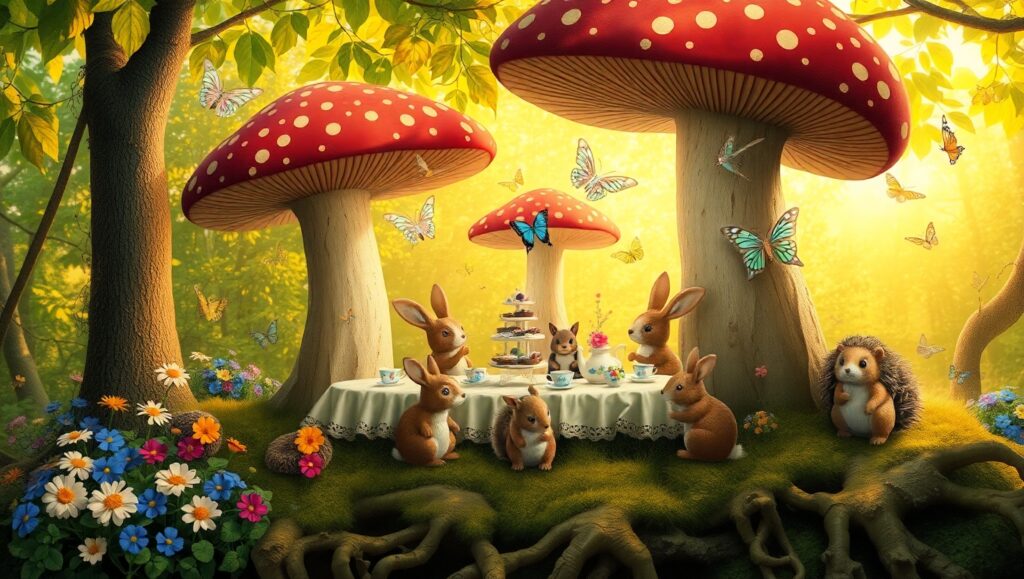 Whimsical Tea Party in the Forest – free AI stock image