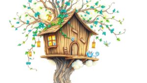 Whimsical Treehouse Above Clouds – free AI stock image