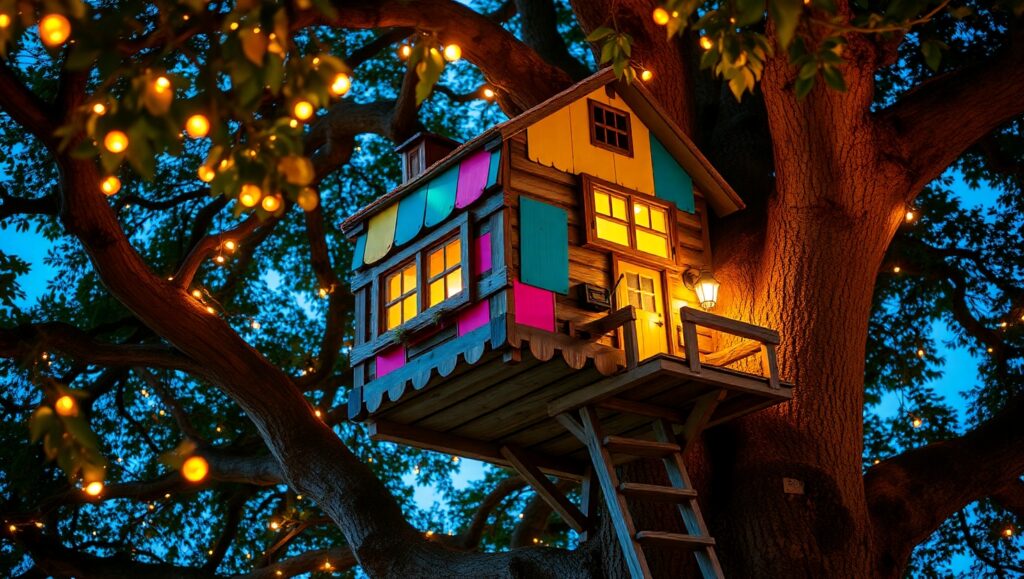 Whimsical Treehouse at Dusk – free AI stock image