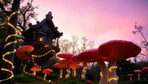 Whimsical Treehouse at Sunset – free AI stock image