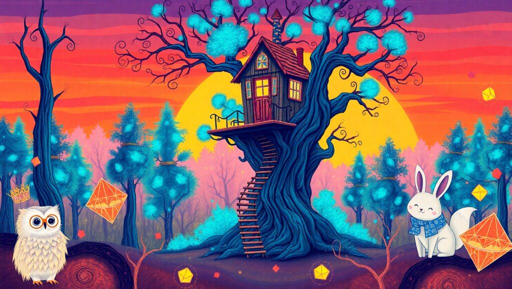Whimsical Treehouse in Abstract Forest – free AI stock image