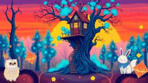 Whimsical Treehouse in Abstract Forest – free AI stock image