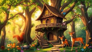 Whimsical Treehouse in Enchanted Forest – free AI stock image