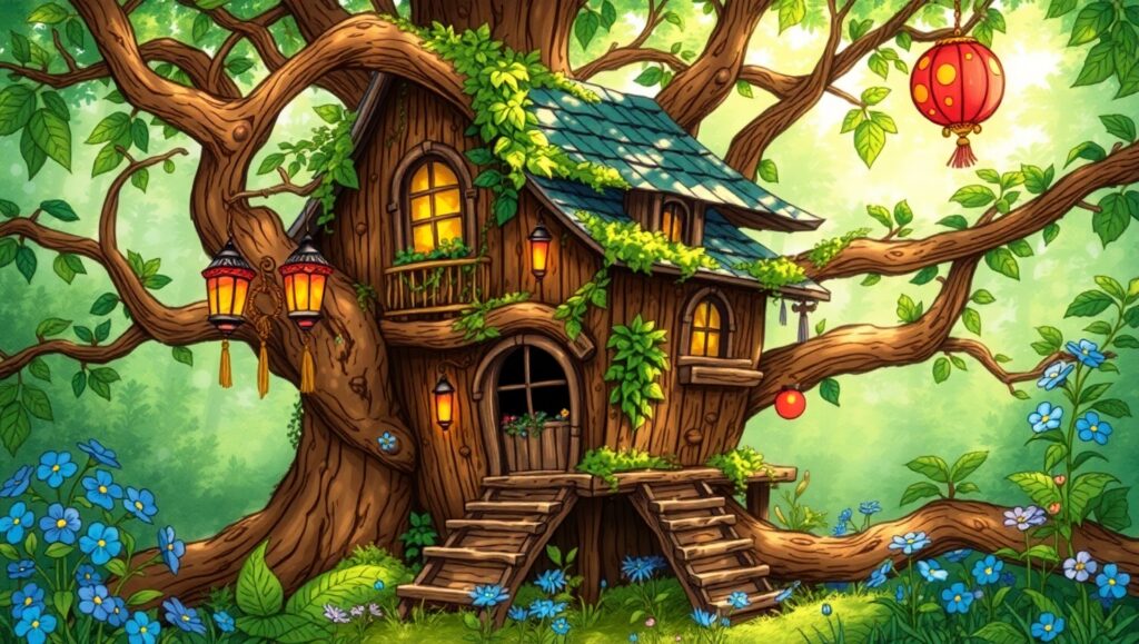 Whimsical Treehouse in Vibrant Forest – free AI stock image