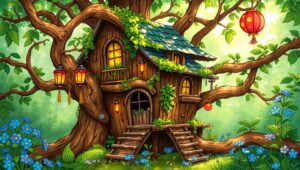 Whimsical Treehouse in Vibrant Forest – free AI stock image