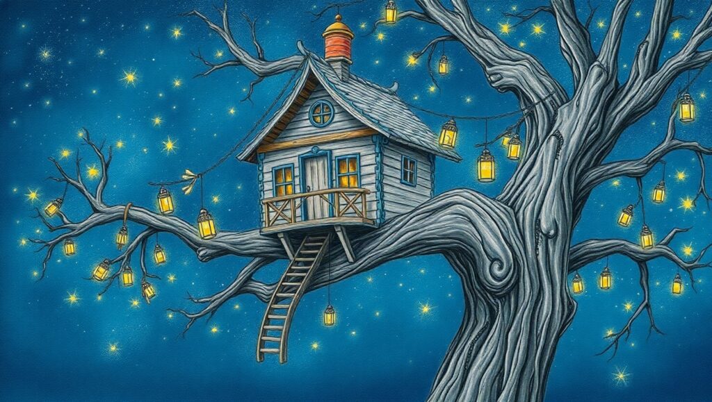 Whimsical Treehouse Under the Stars – free AI stock image