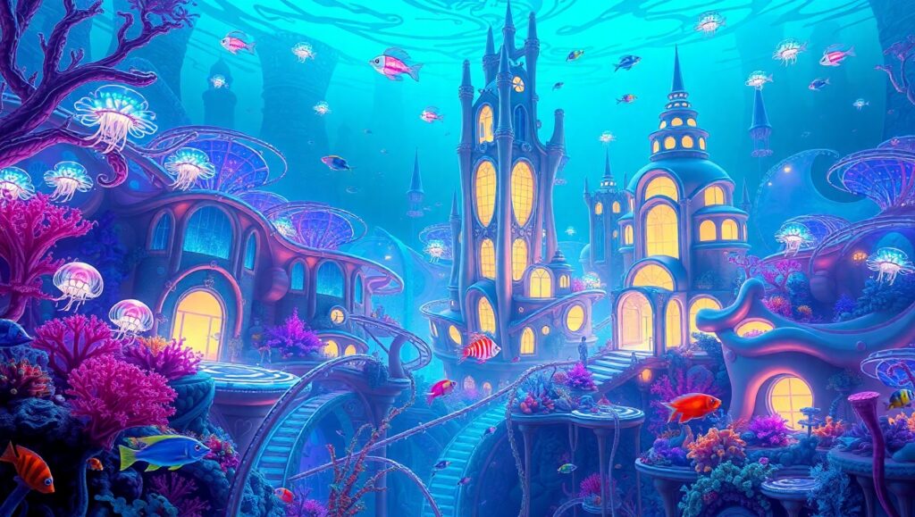 Whimsical Underwater Cityscape – free AI stock image