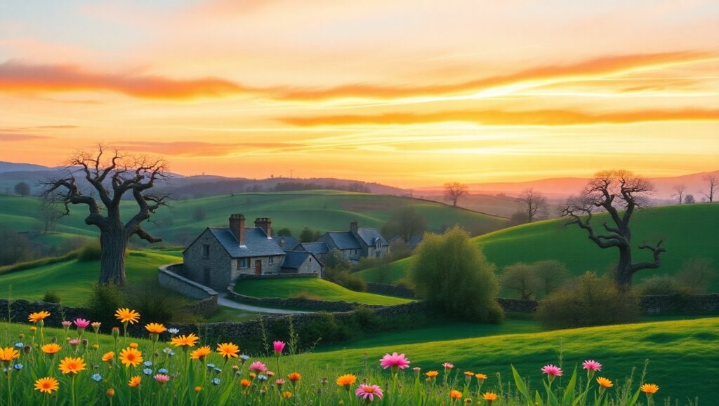 Whimsical Village at Sunset – free AI stock image