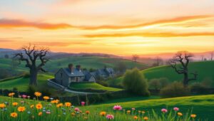 Whimsical Village at Sunset – free AI stock image
