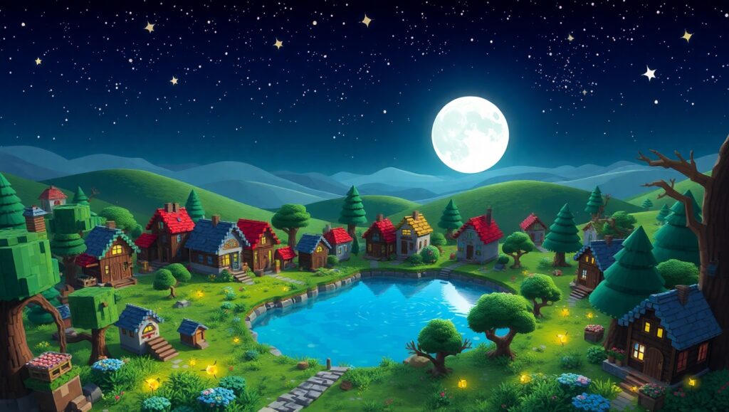 Whimsical Voxel Art Village Scene – free AI stock image