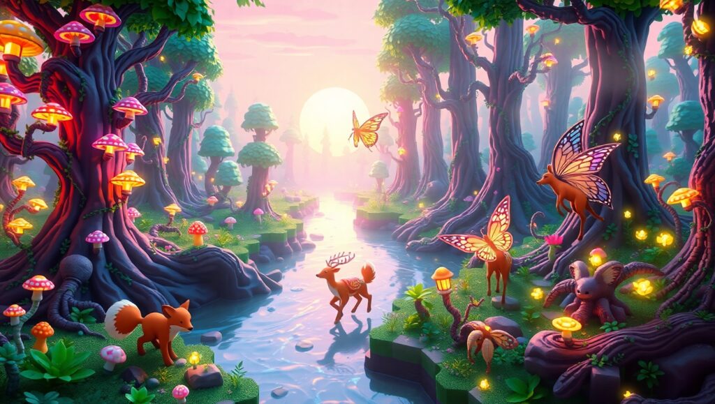 Whimsical Voxel Forest Adventure – free AI stock image
