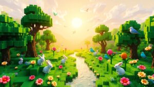 Whimsical Voxel Valley Scene – free AI stock image