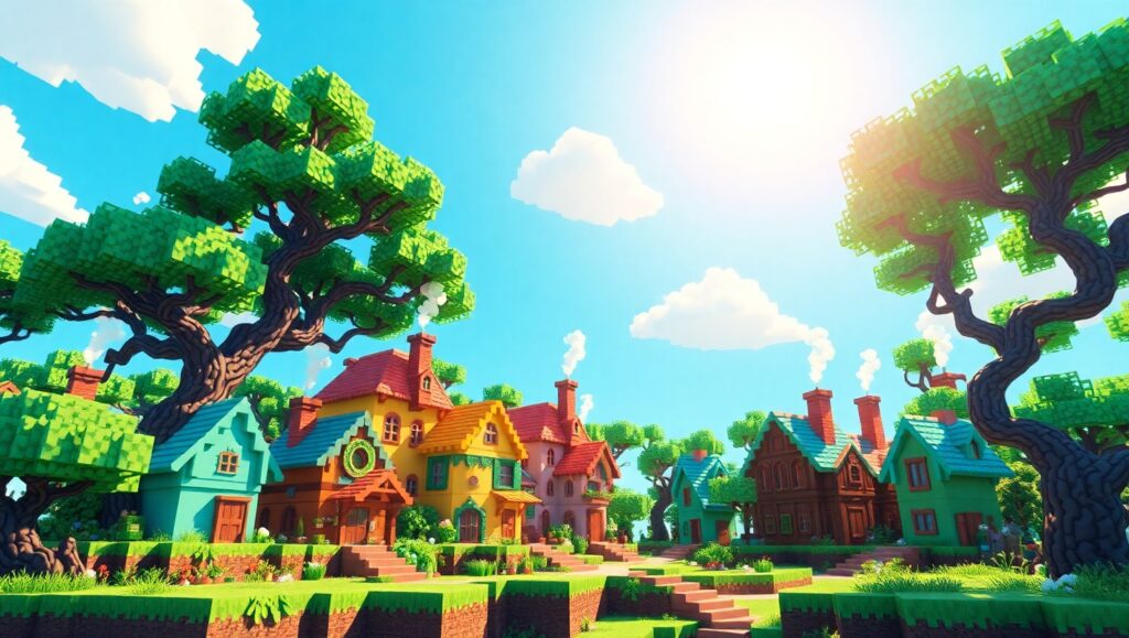 Whimsical Voxel Village Landscape – free AI stock image