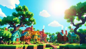 Whimsical Voxel Village Landscape – free AI stock image
