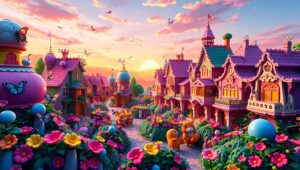 Whimsical Voxel Village Scene – free AI stock image