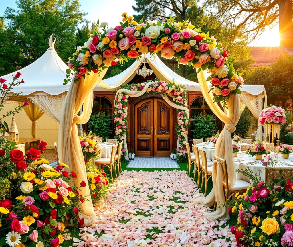 Whimsical Wedding Scene in Elegant Garden – free AI stock image