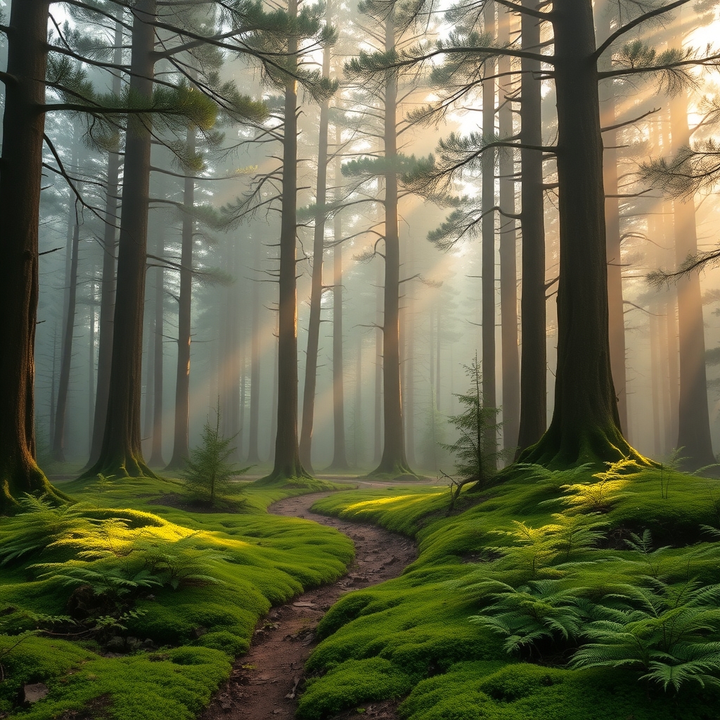 Whispering Pines in a Misty Forest – free AI stock image