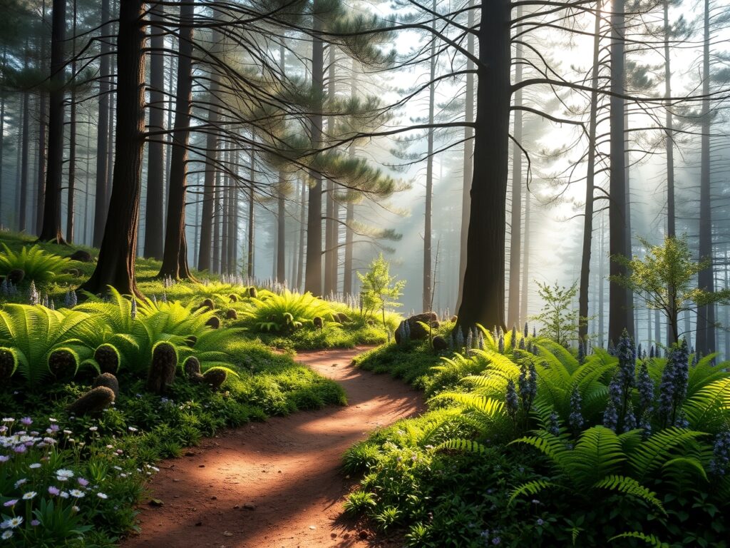 Whispering Pines in a Misty Forest – free AI stock image