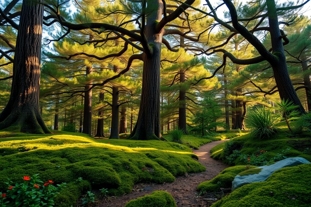 Whispering Pines in a Sunlit Forest – free AI stock image