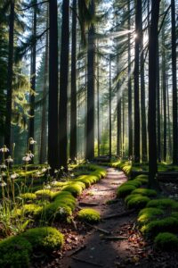Whispering Pines in Enchanted Forest Light – free AI stock image