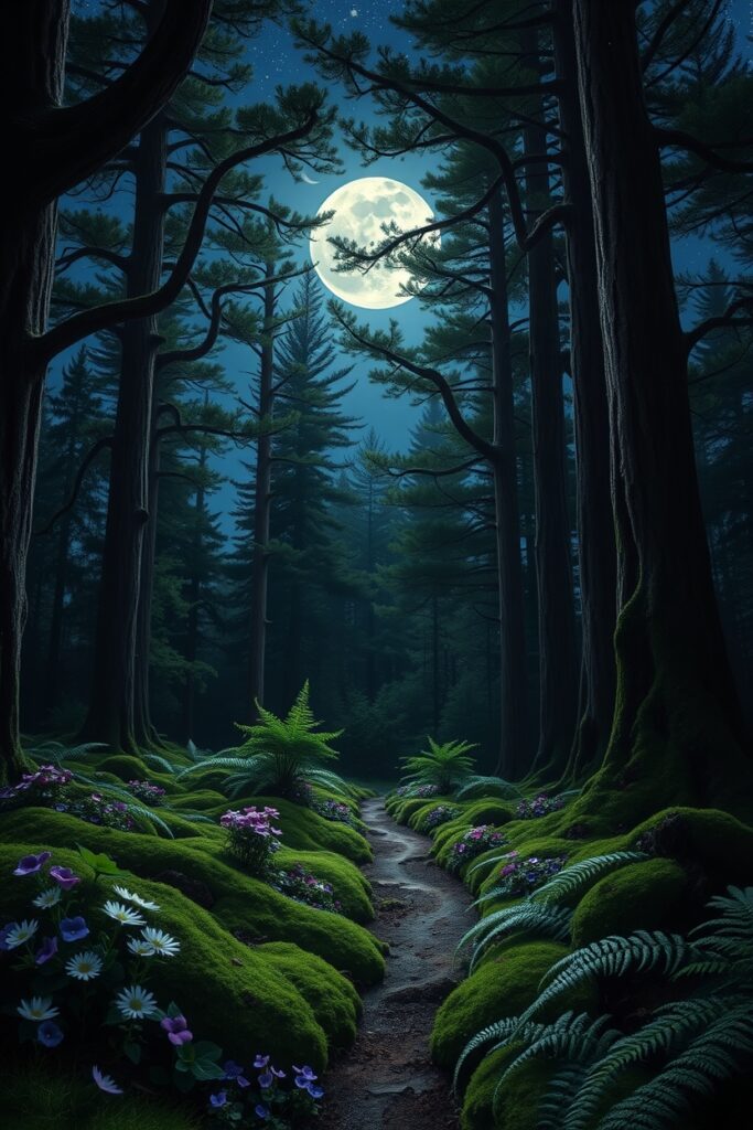 Whispering Pines in Moonlit Forest – free AI stock image