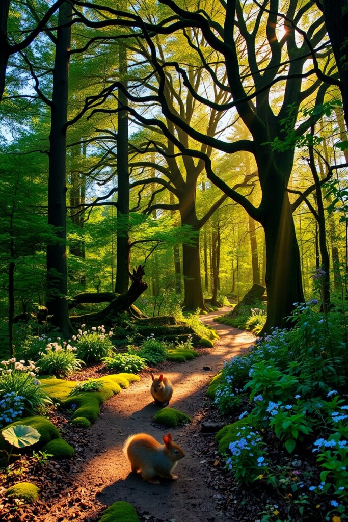 Whispering Trees in a Sunlit Forest – free AI stock image