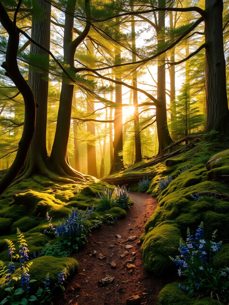 Whispering Trees in Sunlit Forest Glade – free AI stock image