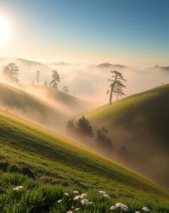 Whispers of Dawn in a Misty Valley – free AI stock image