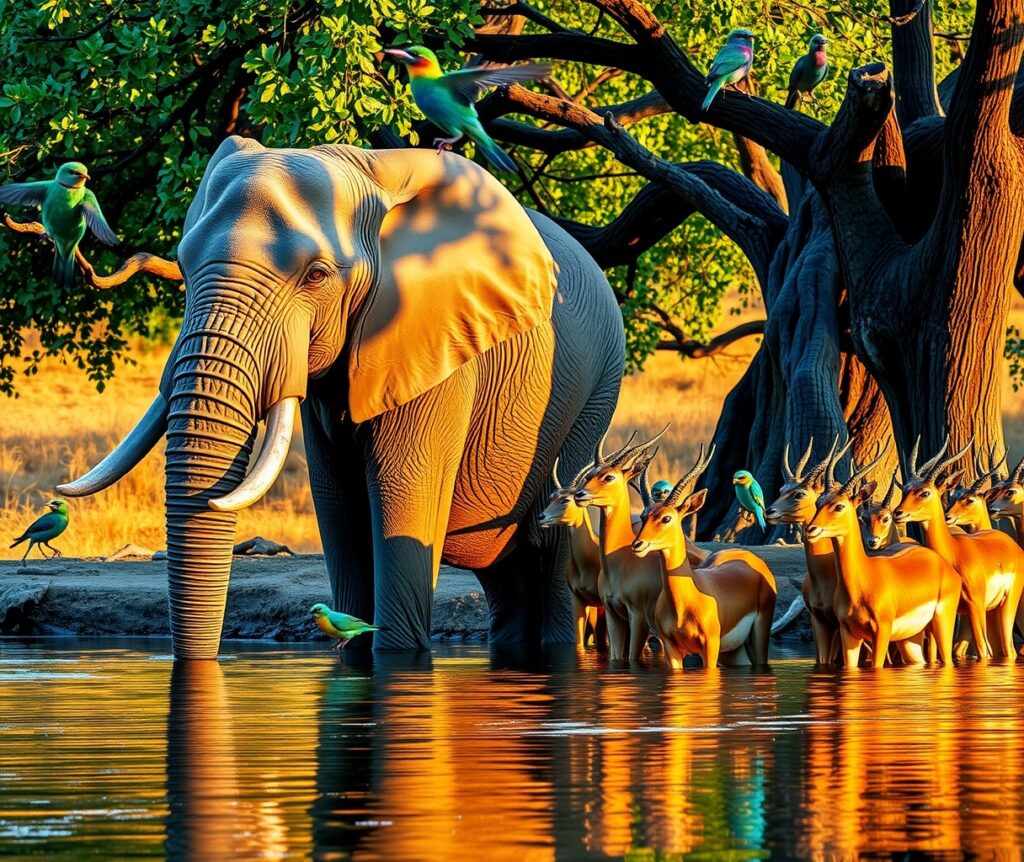 Wild Animals Gathering at a Waterhole – free AI stock image