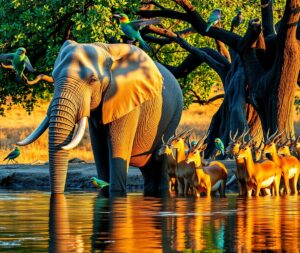 Wild Animals Gathering at a Waterhole – free AI stock image