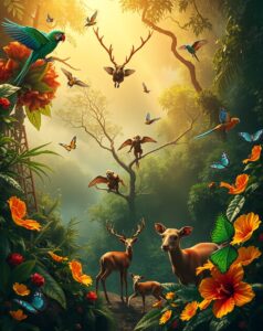 Wild Animals in a Vibrant Jungle Scene – free AI stock image