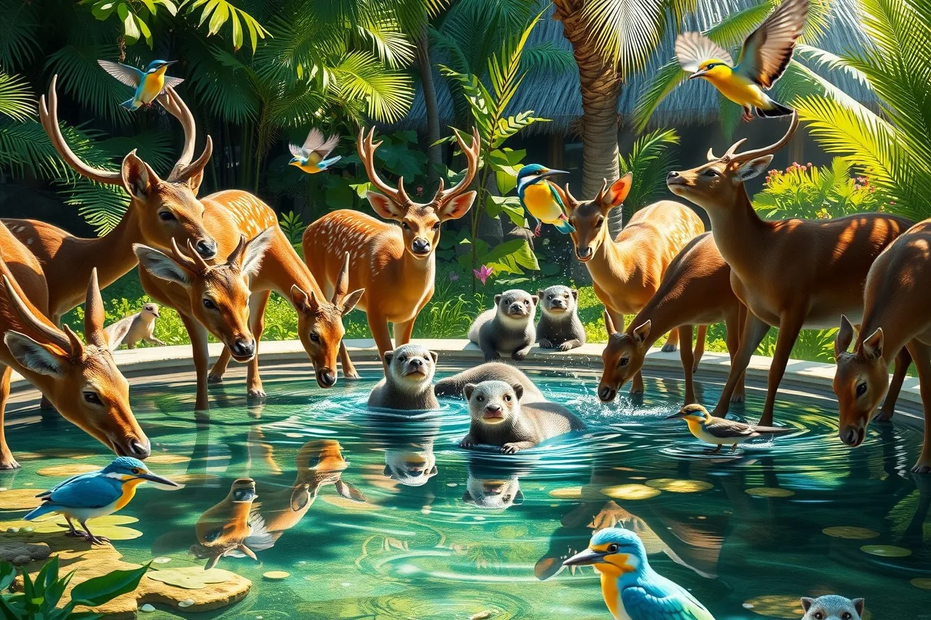 Wildlife Gathering at a Calm Oasis