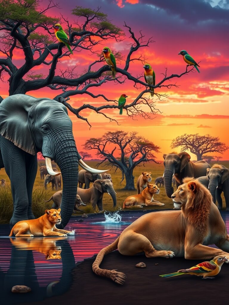 Wildlife Gathering at a Serene Waterhole – free AI stock image