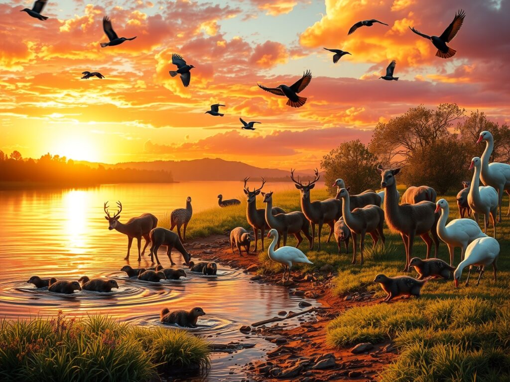 Wildlife Gathering at Sunset by the River – free AI stock image