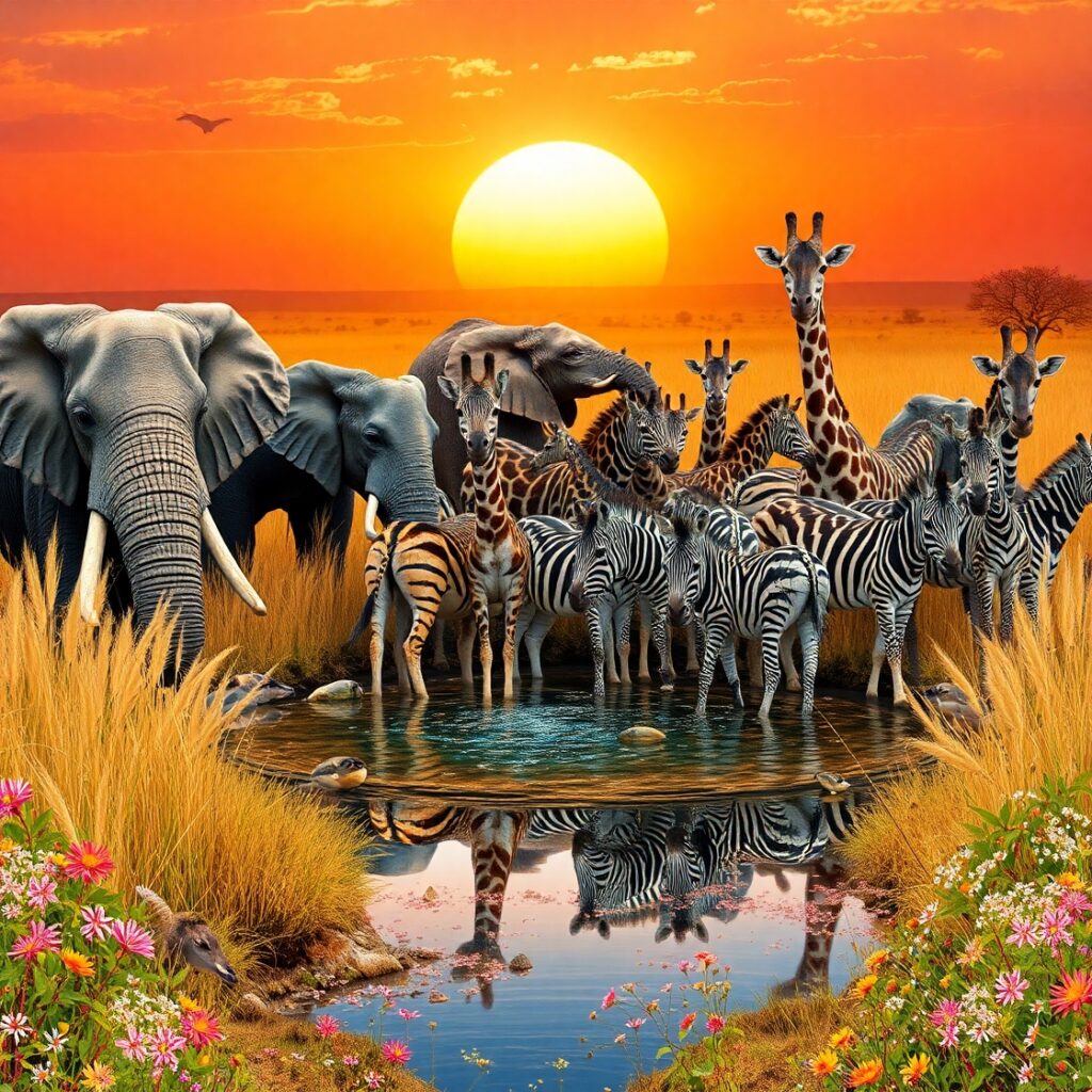 Wildlife Gathering at the Waterhole – free AI stock image