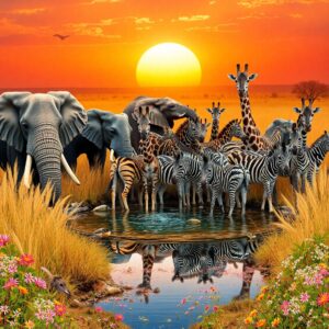 Wildlife Gathering at the Waterhole – free AI stock image