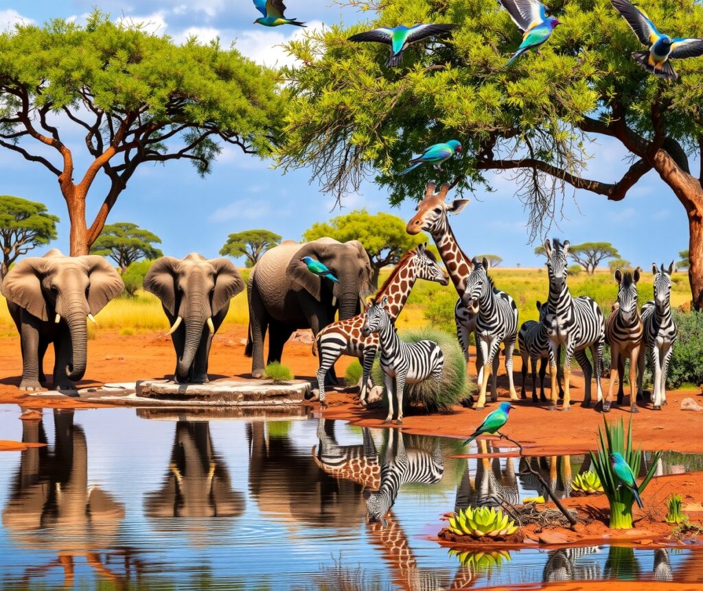 Wildlife Gathering at the Waterhole – free AI stock image