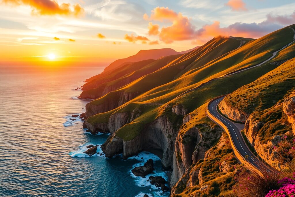 Winding Coastal Road Beneath a Sunset Sky – free AI stock image
