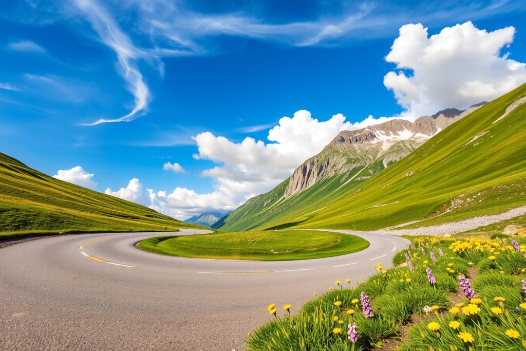 Winding Mountain Road Under Blue Sky – free AI stock image