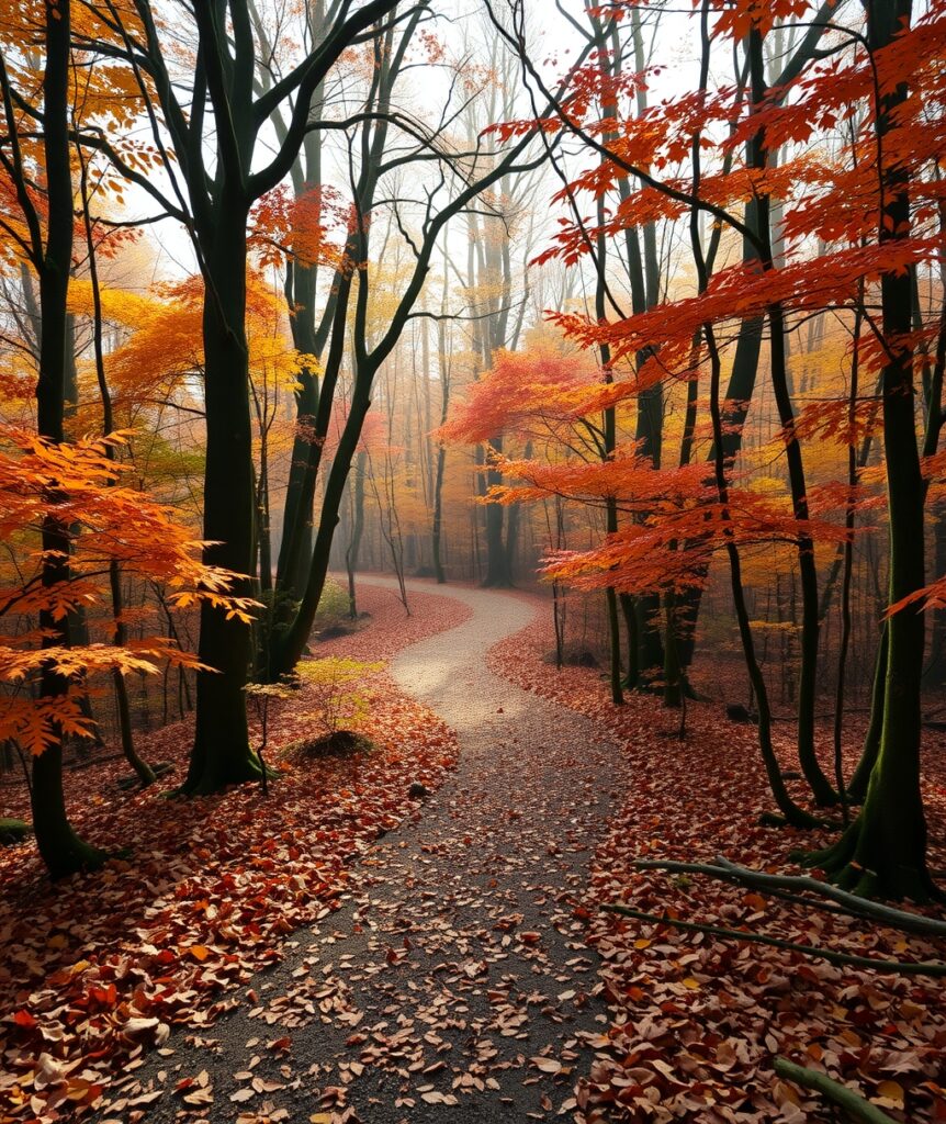 Winding Path Through Vibrant Autumn Forest – free AI stock image