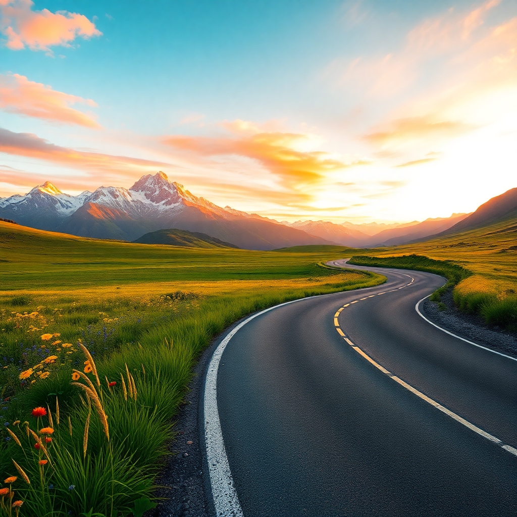 Winding Road through a Serene Landscape – free AI stock image