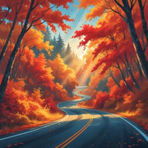 Winding Road Through Autumn Forest – free AI stock image