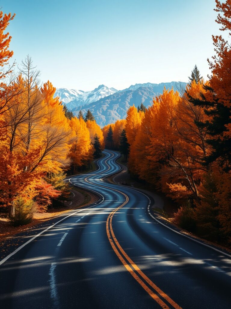 Winding Road Through Golden Autumn Forest – free AI stock image