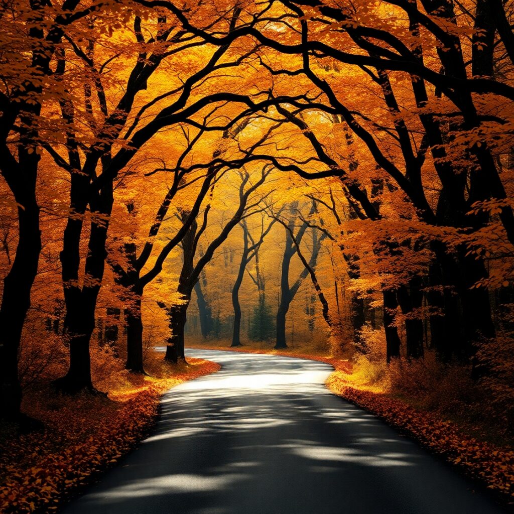 Winding Road Through Golden Autumn Forest – free AI stock image