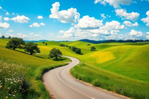 Winding Road Through Lush Green Hills – free AI stock image