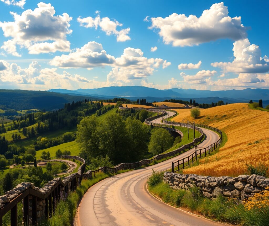 Winding Road Through Lush Green Hills – free AI stock image
