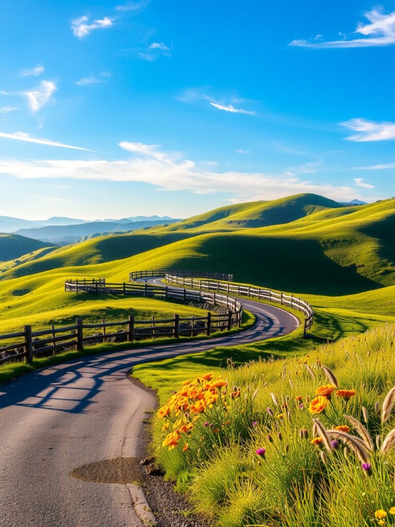 Winding Road Through Lush Green Hills – free AI stock image