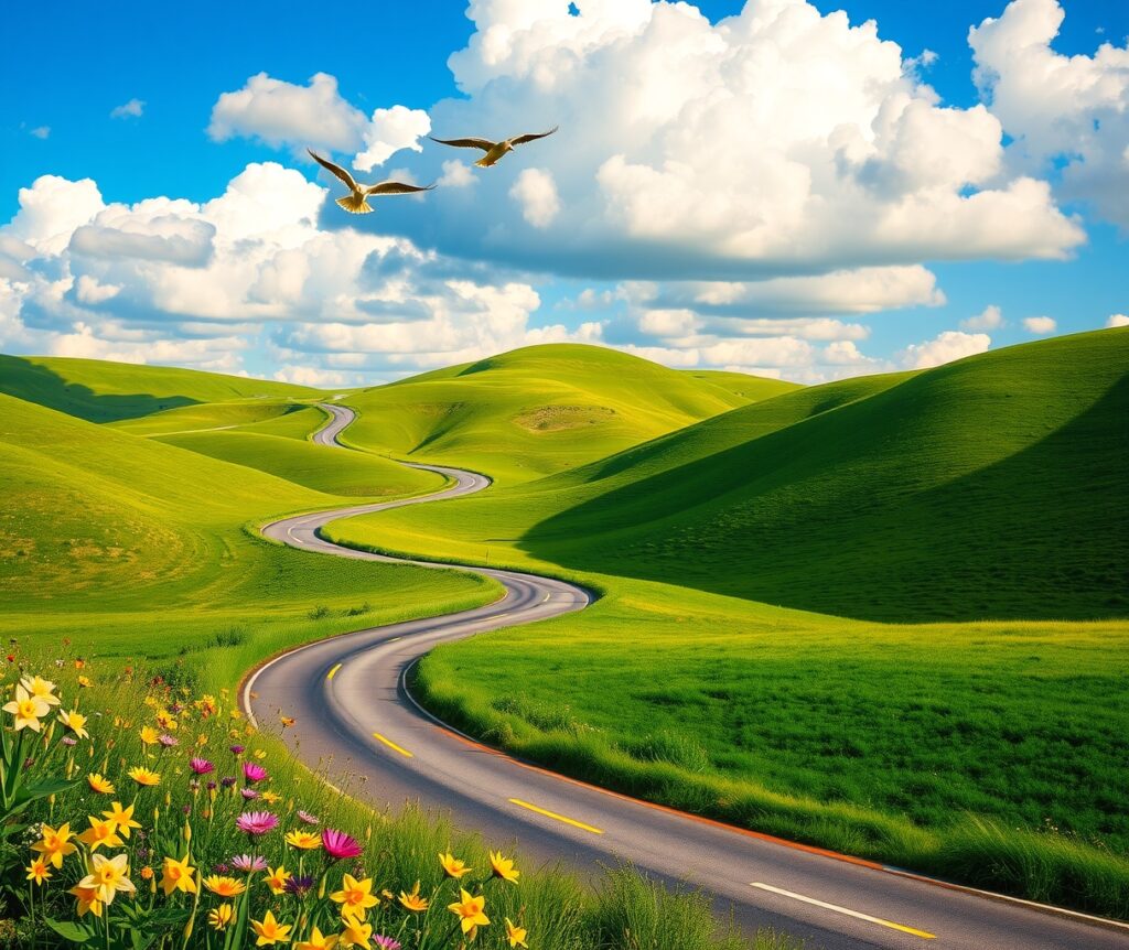 Winding Road Through Lush Green Hills – free AI stock image